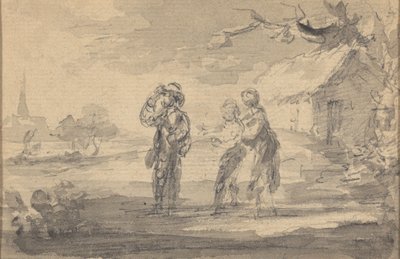 Paisagem com três figuras, casa de campo, e espiral de igreja de Gainsborough Dupont
