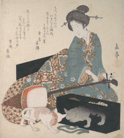 Mulher ajustando um Shamisen e um gato olhando para seu próprio reflexo, meados da década de 1820. de Gakutei