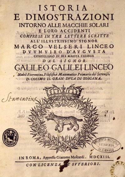 Página de título da História e demonstrações sobre manchas solares e suas propriedades de Galileo Galilei