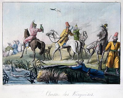 Caçadores Kirghiz atirando e caçando com falcões, ilustração de 