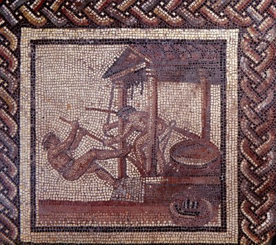 Gallo Roman Art: pavimentação em mosaico representando um calendário rústico. Uma prensa de azeite. Fim do século II, início do século III depois de JC. De Saint-Romain-en-Gal (Rhone). Saint Germain en Laye, Museu Nacional de Arqueologia. de Gallo Roman