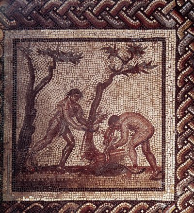 Gallo Roman Art: pavimentação em mosaico representando um calendário rústico. Cena de colmo. Fim do século II, início do século III depois de JC. De Saint-Romain-en-Gal (Rhone). Saint Germain en Laye, Museu Nacional de Arqueologia. de Gallo Roman