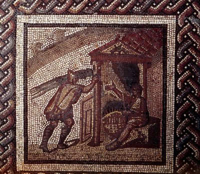 Gallo Roman Art: pavimentação em mosaico representando um calendário rústico. Trabalhos em vime e cestos de trança. Fim do século II, início do século III depois de JC. De Saint-Romain-en-Gal (Rhone). Saint Germain en Laye, Museu Nacional de Arqueologia. de Gallo Roman