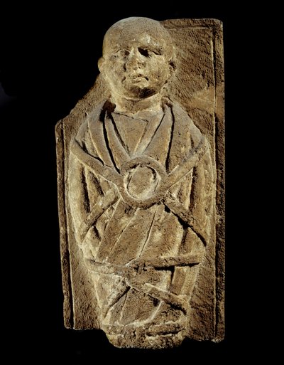 Art Gallo Romain: ex-Voto representando uma criança em bandos. Escultura em calcário. Saint Germain En Laye, Museu de Antiguidades de Gallo Roman Gallo Roman