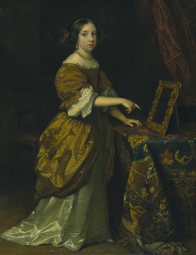 Garota de pé diante de um espelho, 1668. de Gaspar Netscher