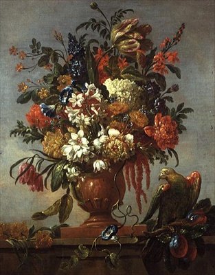 Natureza Morta de Flores em Urna, com um Papagaio Vermelho de Gaspar Pieter II Verbruggen
