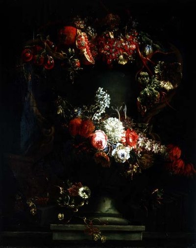 Conjunto de uvas, ameixas e romãs com flores de Gaspar Pieter II Verbruggen