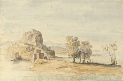 Uma aldeia fortificada num istmo (giz preto, caneta e tinta castanha, aguarela) de Gaspar van (1653-1736) Wittel