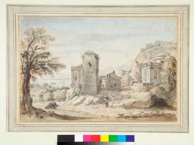 Paisagem com ruínas e um templo (caneta e tinta marrom e lavagens coloridas) de Gaspar van Wittel