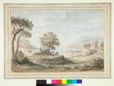 Paisagem com um templo redondo (caneta e tinta marrom e lavagens coloridas) de Gaspar van Wittel