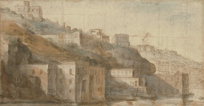 Vista de Mergellina, na baía de Nápoles, com Capodimonte ao fundo (giz vermelho e azul, caneta e tinta castanha, aguarela, quadriculado a giz vermelho e preto) de Gaspar van (1653-1736) Wittel
