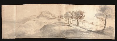 Vista da paisagem romana, perto de Castel Gandolfo (giz preto, caneta e tinta castanha, lavagem cinzenta/papel) de Gaspar van (1653-1736) Wittel