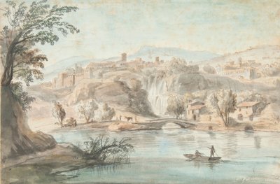 Paisagem no Tivoli, 1701-10 (caneta, tinta marrom e lavagens coloridas no papel) de Gaspar van Wittel