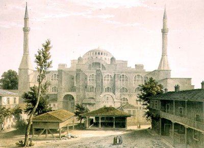 Haghia Sophia, placa 16: fachada principal, gravada por Louis Haghe (1806-85) publicada em 1852 (litho) de Gaspard (after) Fossati