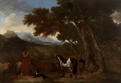 Dughet - Paisagem com um eremita a pregar aos animais, 1637 - 1638 de Gaspard Dughet