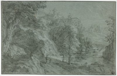 Paisagem italianizada com igreja num penhasco de Gaspard Dughet