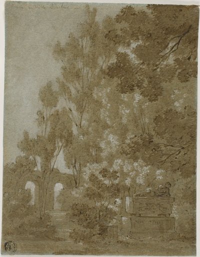 Vista dos arcos em ruínas e do túmulo na Villa Borghese de Gaspard Dughet