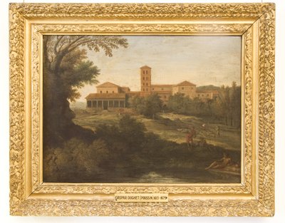 Paisagem clássica com um homem dirigindo um rebanho de ovelhas de Gaspard Poussin Dughet