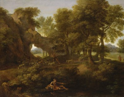 Paisagem com um pescador, um pastor e outras figuras de Gaspard Poussin Dughet