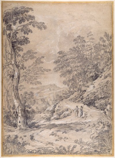 Estrada de montanha serpenteando por bosques e rochas de Gaspard Poussin Dughet
