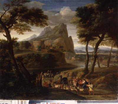 ""Paisagem com grupo de viajantes"" (Paisagem com caravana) Pintura de Gaspard Dughet (1615-1675) Museu ao ar livre do século XVII Palácio Gatchina, São Petersburgo de Gaspard Poussin Dughet