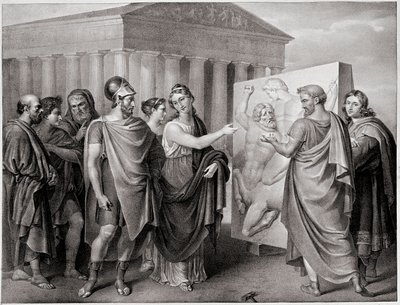O político ateniense Péricles (495-429 AC) e Aspasie, seu companheiro, dirigem o trabalho de Phidias para o Pártenon a Athenes (Péricles e Aspasia dirigem o trabalho de Phidias para o Pártenon em Atenas) Gravura depois de uma pintura de Gaspare Landi (1756 de Gaspare Landi