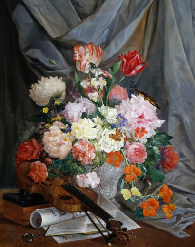 Natureza morta com vaso de flores cortadas e violino, de Gaspare Mattioli, óleo sobre tela, Itália de Gaspare Mattioli
