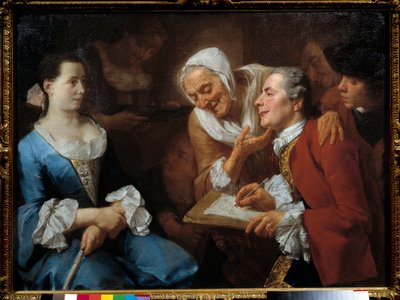 Um pintor e o seu modelo, atrás dele uma mulher velha estica o pescoço para a ver desenhar. Pintura de Gaspare Traversi (1732- 1769) 1754 Sol. 0,99x0,73 m de Gaspare Traversi
