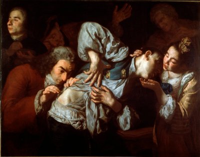 As feridas Um homem ferido é examinado por um médico e tranquilizado por uma jovem mulher. Pintura por Gaspare Traversi (ca. 1722-1770). 1752 aproximadamente. Sol. 100x127 cm Galleria dell