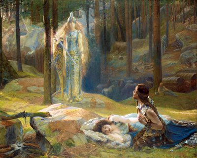 La revelation, Brunnhilde (Brunehilde, Brynhildr) decouvrant Siegmund et Sieglinde - The Revelation. Brunhilde Seeing Siegmund And Sieglinde par Bussiere, Gaston (1862-1928) de Gaston Bussiere