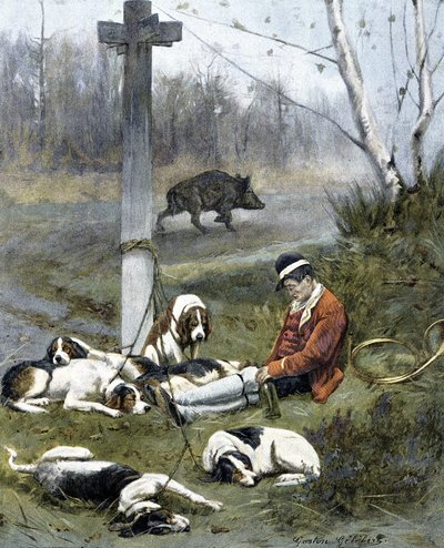 O caçador e os seus cães adormecidos - gravura de Gaston Gelebert de Gaston Gelibert