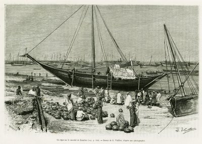 Um tepe no mercado de Zanzibar (Tanzânia). Gravura de G.Vuillier, para ilustrar a história Voyage among the Benadirs, Somalis and Bayouns, em 1882 e 1883, de G.Revoil, in le tour du monde 1888, dirigido por Edouard Charton (1807-1890), Hachette, Paris. de Gaston Vuillier