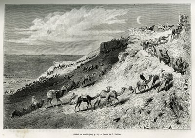 Akabah ou alinhar camelos da caravana. Gravura de G.Vuillier, para ilustrar a história "pelerinage au Nedjed, berço da raça árabe", de Lady Anna Blunt, em 1878-1879, publicada no Tour du monde, sob a direcção de Edouard Charton (1807-1 de Gaston Vuillier