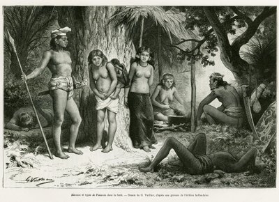 Bivouac e tipos de pulmão na floresta. Gravura de G.Vuillier, para ilustrar a história De Koutei a Bandjirmasin, viagem pelo Bornéu, de Carl Bock, em le tour du monde 1890, dirigido por Edouard Charton (1807-1890), Hachette, Paris. de Gaston Vuillier