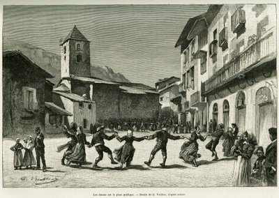 Dança na praça pública. Gravura de G.Vuillier, para ilustrar a história Le val d