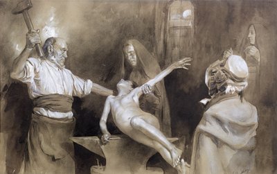 Martelando o baço (lápis e lavagem no papel) de Gaston Vuillier