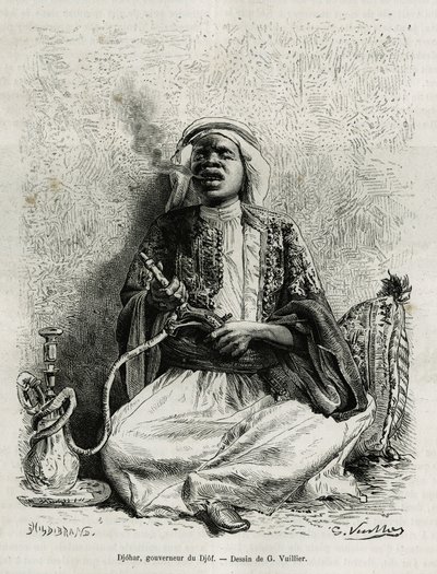 Retrato de Djohar, governador do djof (agrupamento de 7 ou 8 aldeias, construídas a uma distância de 10 minutos uma da outra, online), narguilé fumador. Gravura de G.Vuillier, para ilustrar a história "pelerinage au Nedjed, berço da raça árabe", de Lad de Gaston Vuillier