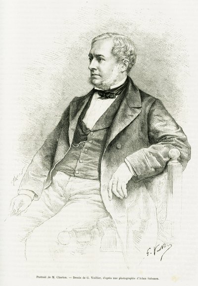Retrato de Edouard Charton. Gravura de G.Vuillier, depois de uma fotografia de Adam Salomon, para ilustrar o artigo intitulado M. Charton de Paul Laffite in le tour du monde 1890, editado por Edouard Charton (1807-1890), Hachette, Paris. de Gaston Vuillier