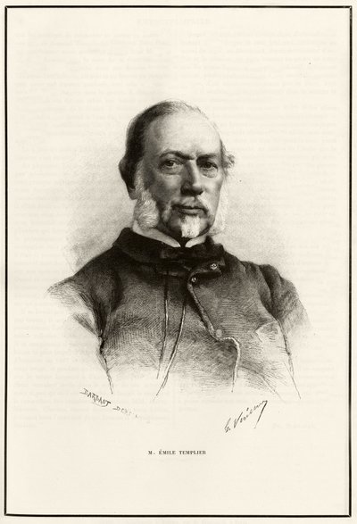 Retrato de Emile Templier (1821- 1891), colaborador de Louis Hachette (1800-1864), encarregado da fabricação do "Tour du monde". Gravura de G.Vuillier, para ilustrar a história "From Paris to Tonkin, through the unknown Tibet" de Gabriel Bonvalo de Gaston Vuillier
