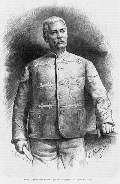 Retrato de Henry Morton Stanley (ne John Rowlands 1841-1904) jornalista e explorador. Gravura de G.Vuillier, para ilustrar a história Dans les tenebres de l