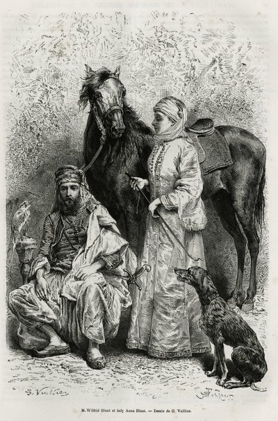 Retratos do Sr. Wilfrid Blunt (1840-1922), poeta e escritor, e da sua esposa, Lady Anna Blunt (nee King Noel (King Noel) 1837-1917), a primeira mulher europeia a explorar o Médio Oriente, vestindo um fato de viagem, em frente a um dos cavalos árabes nos se de Gaston Vuillier