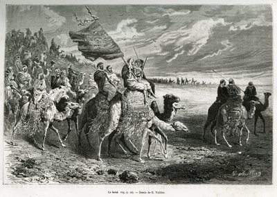 O Berak, a bandeira do Emir Ibn Al Rashid (1872-1890) (Arábia Saudita). Gravura de G.Vuillier, para ilustrar a história "Pelerinage au Nedjed, berço da raça árabe", de Lady Anna Blunt, em 1878-1879, publicada no Tour du monde, sob a direcção de Gaston Vuillier
