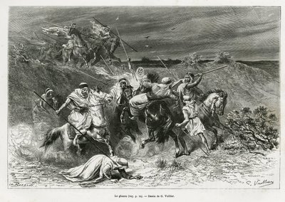 O Ghazou, ou razzia, saqueando com uma mão. Gravado por G.Vuillier, para ilustrar a história "pelerinage au Nedjed, berço da raça árabe", de Lady Anna Blunt, em 1878-1879, publicado no Tour du monde, sob a direcção de Edouard Charton (1807- de Gaston Vuillier