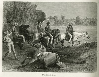 A expedição a cavalo para a exploração do vale do Terable, gravada após um desenho de G.Vuillier, para ilustrar a história De Cayenne aux Andes, de Jules Crevaux, médico da marinha francesa, em 1878-1879, publicada no tour du monde, unde de Gaston Vuillier