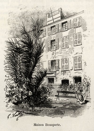 A fachada da casa Bonaparte, na qual Napoleão Bonaparte (1769-1821) não está. Gravura e história "La Corse" de Gaston Vuillier (1845-1915), em 1890, em Le tour du monde, nouveau journal des voyages, sob a direção de Edouard Charton (1807-189 de Gaston Vuillier