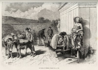 A fonte do Rossello, em Sassari (Itália). Atividades diárias, mulher enchendo um nicho e carregadores de água com seus burros, enchendo seus barris. Gravura e história "La Sardaigne" de Gaston Vuillier (1845-1915), em 1890, em Le tour du monde, nouv de Gaston Vuillier