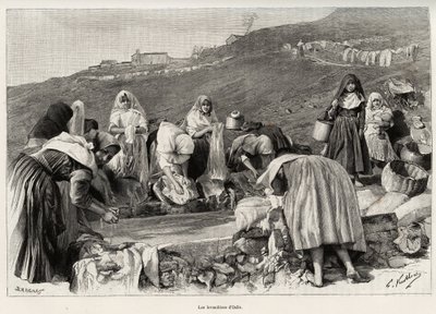 A lavanda de Osilo (Itália), mulheres reunidas em torno da bacia. Gravura e história "La Sardaigne" de Gaston Vuillier (1845-1915), em 1890, em Le tour du monde, nouveau journal des voyages, sob a direcção de Edouard Charton (1807-1890), 2º semeste de Gaston Vuillier