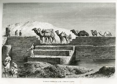 O reservatório de Abdallah (Arábia Saudita). Gravura de G.Vuillier, para ilustrar a história "Pelerinage au Nedjed, berço da raça árabe", de Lady Anna Blunt, em 1878-1879, publicada no Tour du monde, sob a direcção de Edouard Charton (1807-18 de Gaston Vuillier