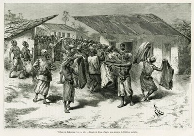 A aldeia de Bakourou, os povos indígenas são oferecidos presentes para as negociações de paz. Gravado por G.Vuillier, para ilustrar a história Dans les tenebres de l