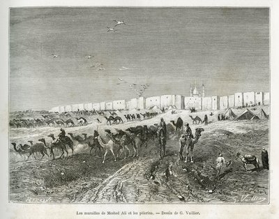 As paredes de Meshed Ali (Ali Ibn Abi Talib, falecido em 661, primo, discípulo e genro de Muhammad (570-632)) estão localizadas na mesquita de Najaf (Iraque) e os pelerins se reúnem para celebrar o primeiro e pai de todos os imãs. Gravura de G.Vuillier, pa de Gaston Vuillier
